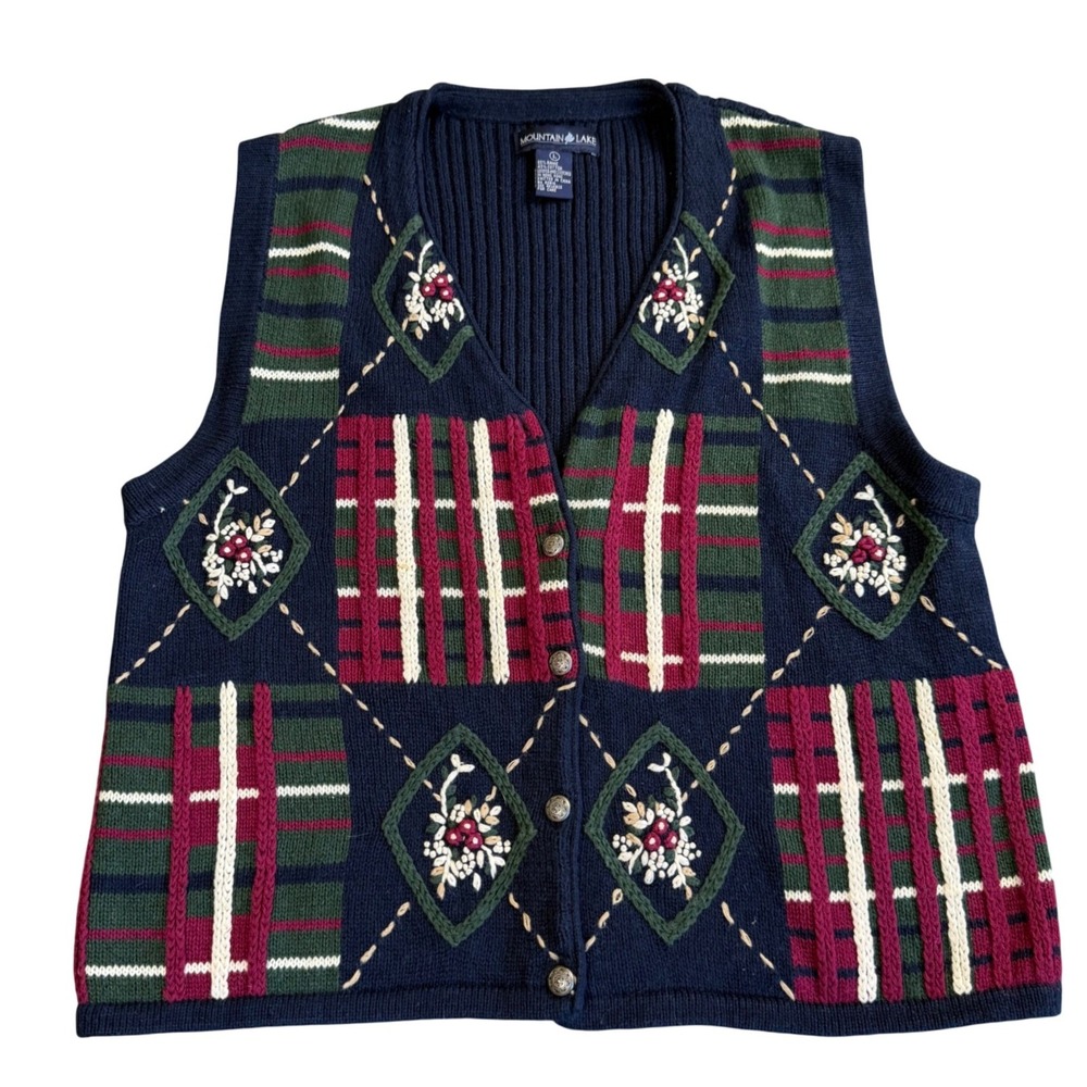 Mountain Lake Sweater Vest Womens Large Vintage Plaid Floral Embroidered Granny
